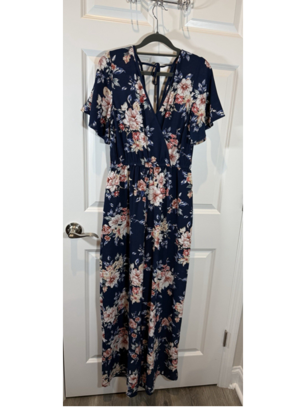 Floral Print Short Sleeved  V-Neck Elastic Waist Jumpsuit - Xhilaration Navy S